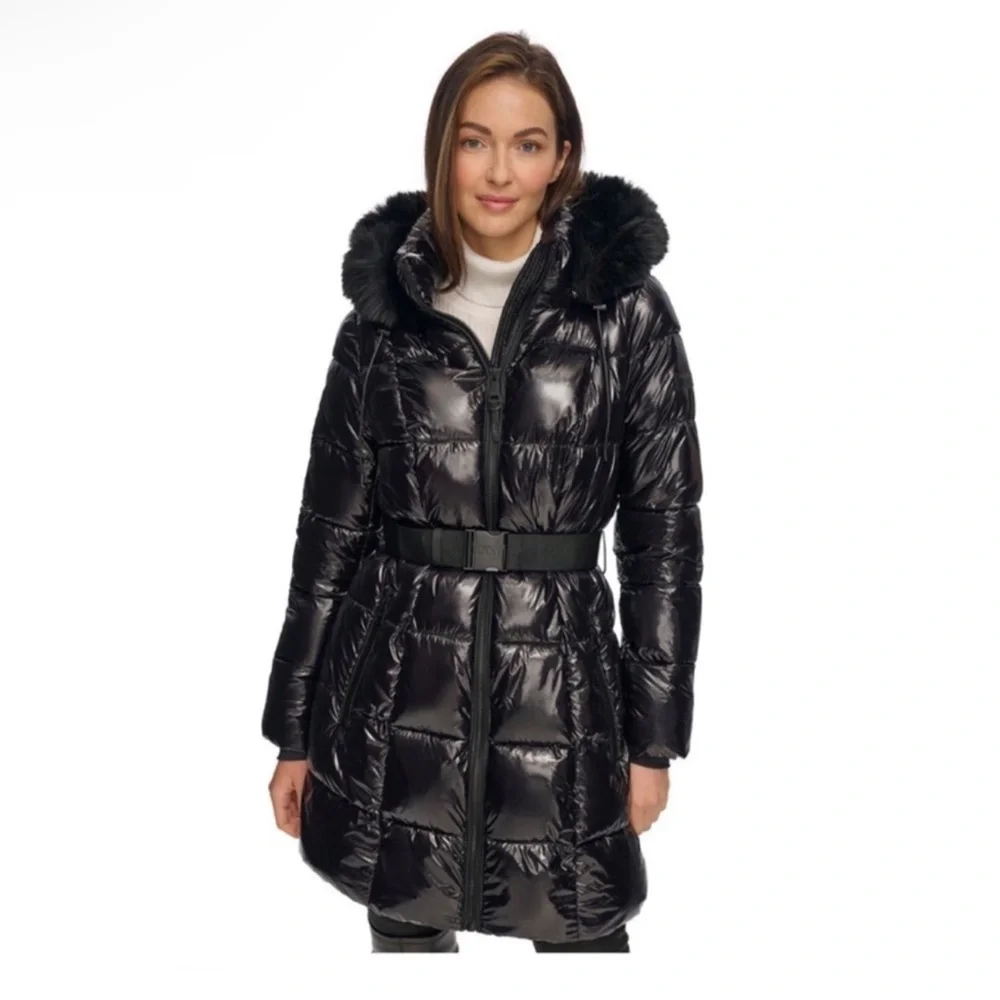 New! DKNY Black Glossy Belted Puffer Coat with Removable Faux Fur Hood - Picture 2 of 16